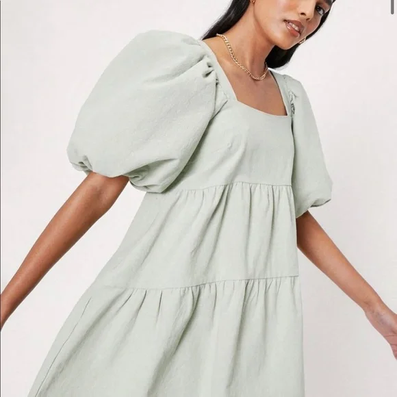 Linen Look Puff Sleeve Smock Mini Dress - Picture 2 of 6